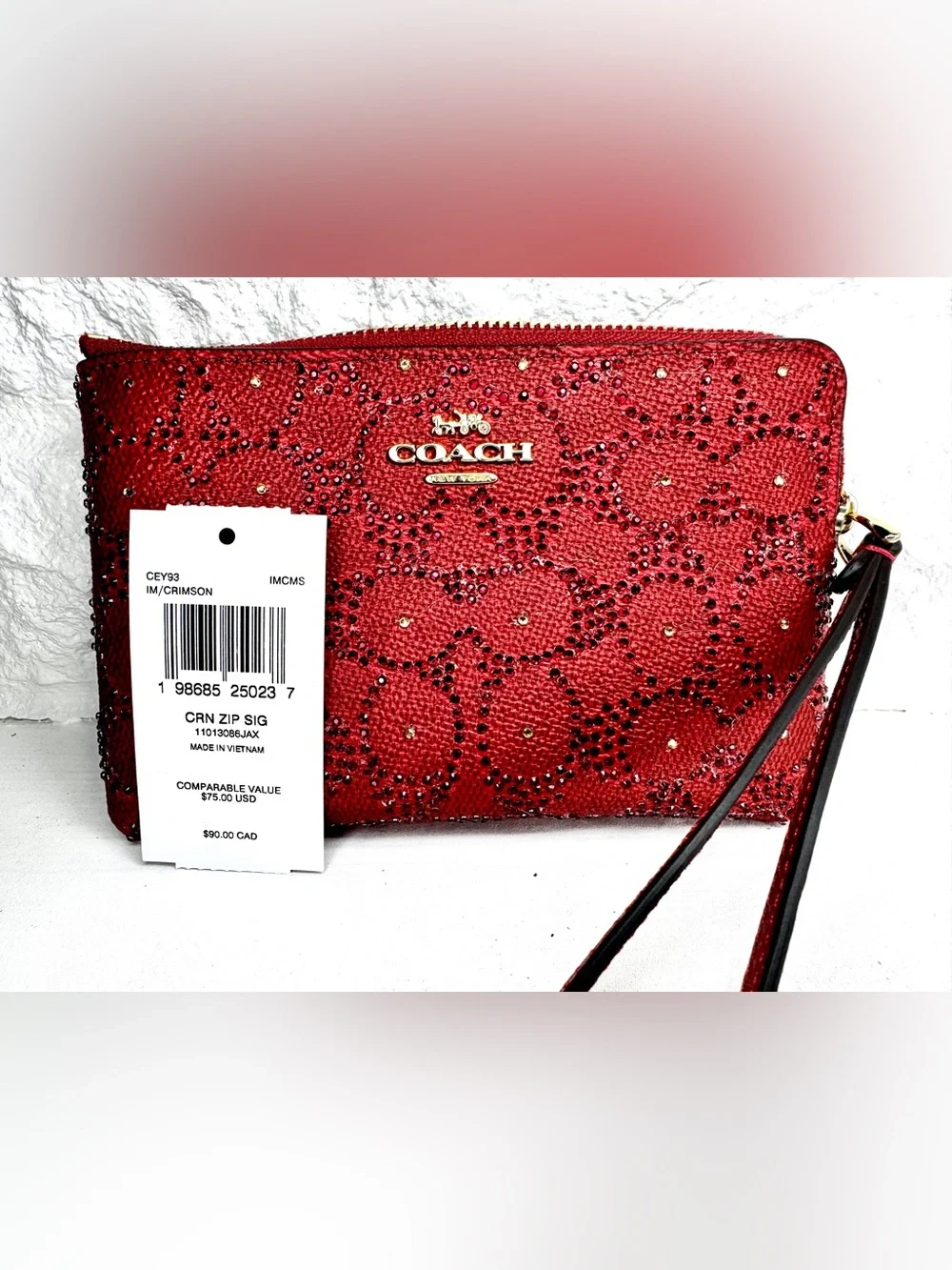 NWT Coach CEY93 Crimson Crystal Signature Corner Zip Wristlet OOAK